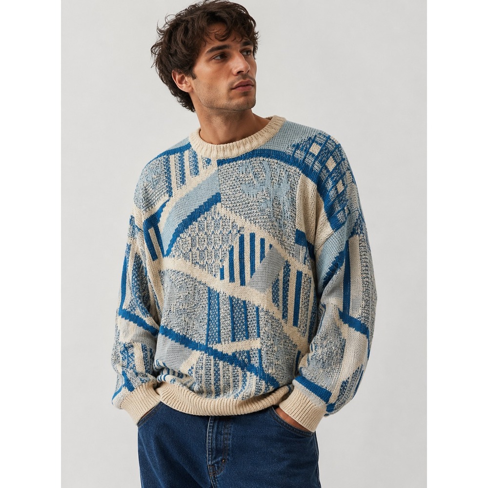 Vintage Florence Italian Sweater Abstract Knit  XL Blue Cream Grandpa Core